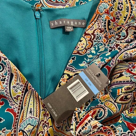 SHARAGANO Women's Aqua/Coral Print Assymetrical Dress - Size 20W - NWT $138 - Picture 6 of 6